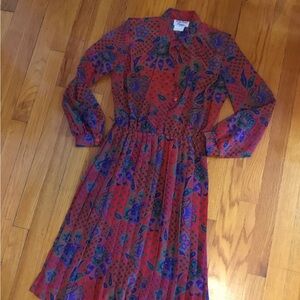 Vintage-Inspired Red Long Sleeve Dress with Purple Print